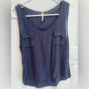 Joelle blue tank with gold button and pocket detail, size L